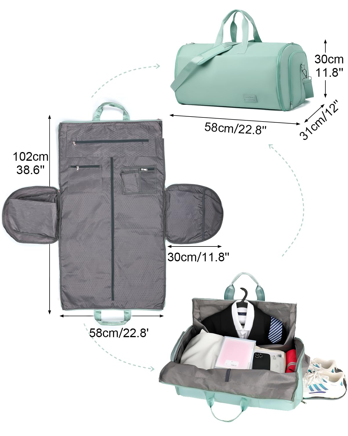 Outplea 47L Large Convertible Travel Garment Duffel Bag for Men Women, 2 in 1 Hanging Suit Bag with Shoulder Strap, Green