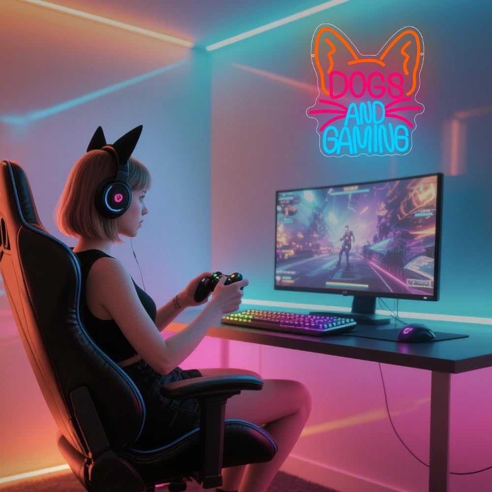 RuCvixkt Dog Gaming Neon Sign for Wall Decor, Game Neon Lights for Bedroom Man Cave Game Room Home Party Decor, Gift for Boy Women Party Birthday Christmas