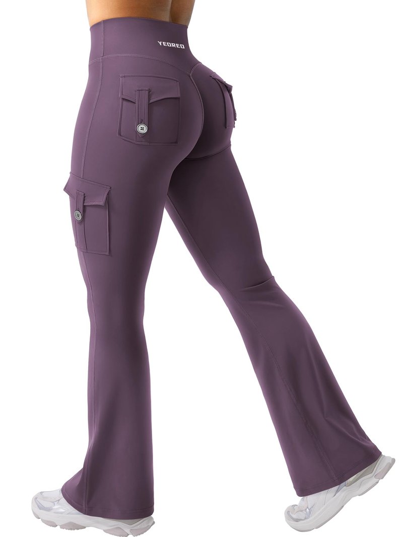YEOREO CoreFlex Women Workout Flare Leggings with Pockets Hidden Scrunch High Waisted Cargo Gym Yoga No Front Seam Leggings Black Berry Purple S