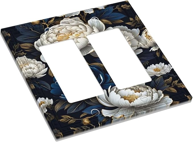 White Gold Blue Flower Dual Outlet Covers Wall Plate 2 Gang Rocker Decora Decorative Switchplate Electrical Faceplate GFCI Light Switch Covers for Farmhouse Living Decor