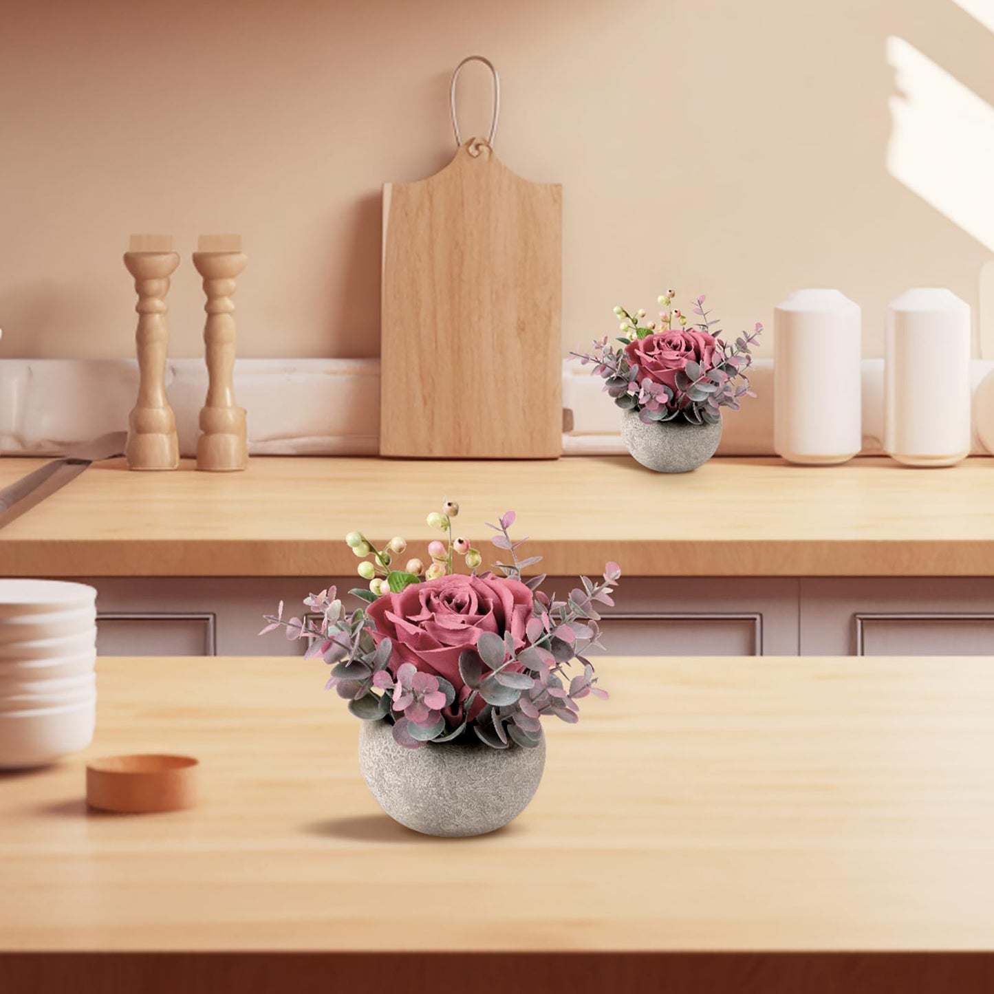 Lovmeety Faux Flowers in Pot, Pink Rose Artificial Flowers with Pot Mini Potted Plants Centerpiece Decor for Home Bathroom Office Desk Shelves Room Decorations