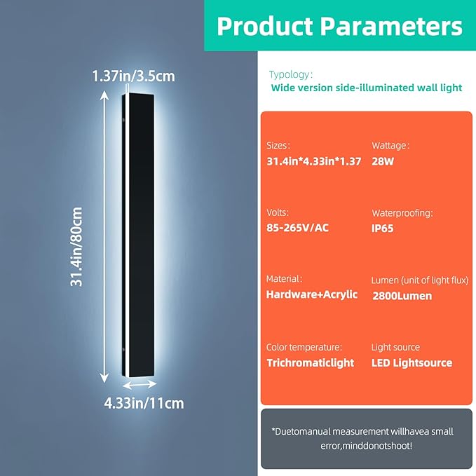 Upgrade Widened 2 Pack Long Modern Outdoor Wall Light, 31.4inch Dimmable 3000K-6000K LED Porch Wall Sconce, IP65 Waterproof, Outside Lighting Fixture for House, Yard, Fence with Remote Control