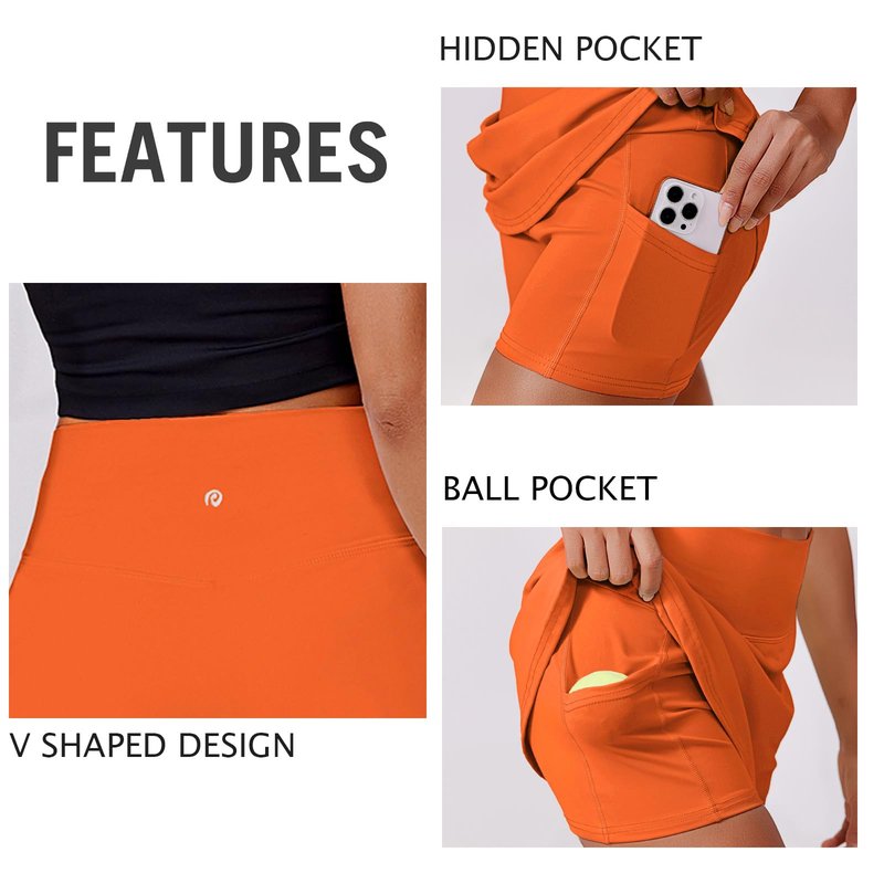 PINSPARK Tennis Skirts for Women High Waisted Athletic Skirt Quick Dry Golf Skort Lightweight Workout Skorts with Pockets Shorts, Orange Medium