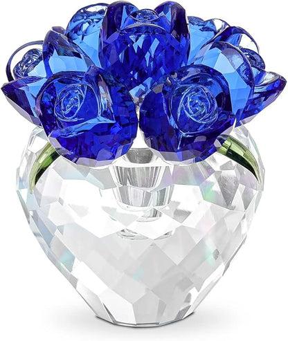 LONGWIN Crystal Rose Flower Figurines Collectible Glass Spring Bouquet with Vase Home Decor Romantic Gifts for Women Blue