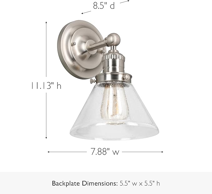Design House Augustin Wall Sconce, 1-Light, Seeded Glass Warm Glow, Dimmable, Up/Down Glow, Easy Installation, E26 Socket, Satin Nickel, 7.9 in L x 8.5 in D x 11.1 in H, 589028-SN
