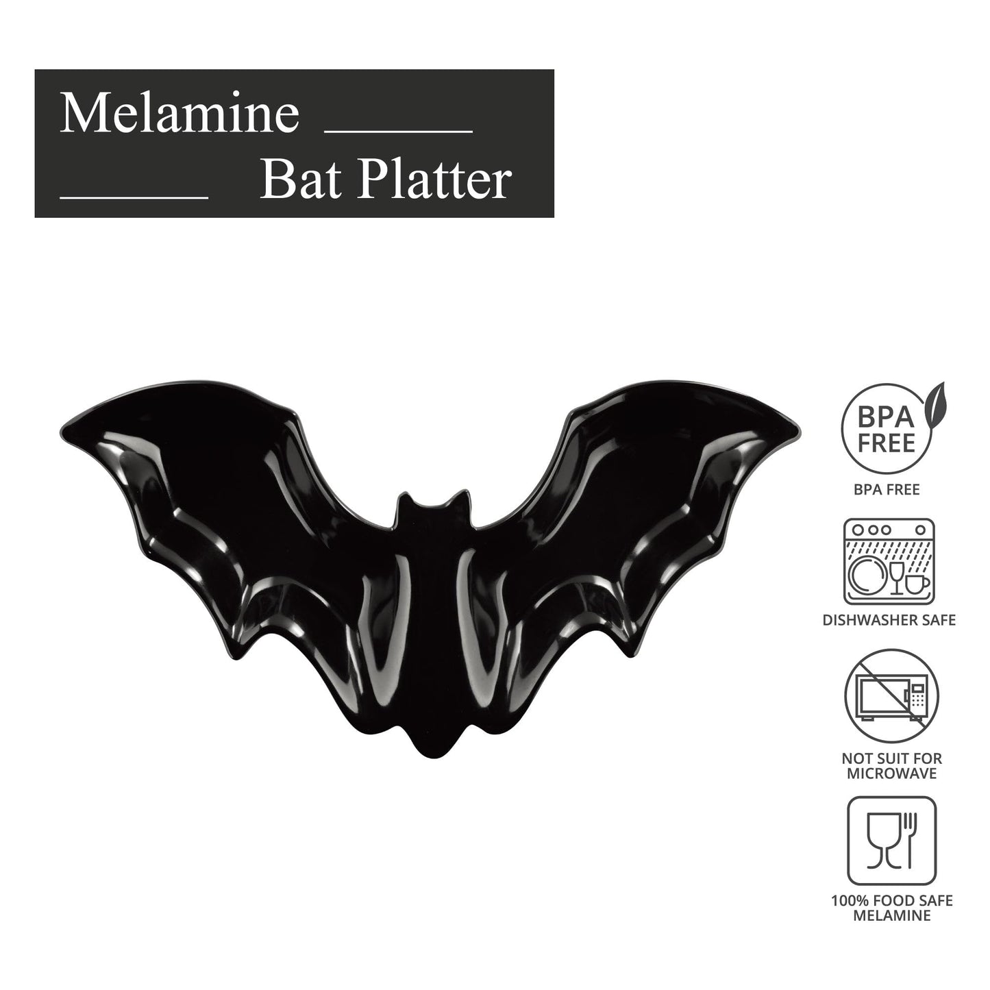 UPware Bat Shaped Melamine Serving Platter, Halloween Party Tray, Fun Spooky Design, for Candy, Snacks, and Desserts, Black, 16 x 8.5 Inch