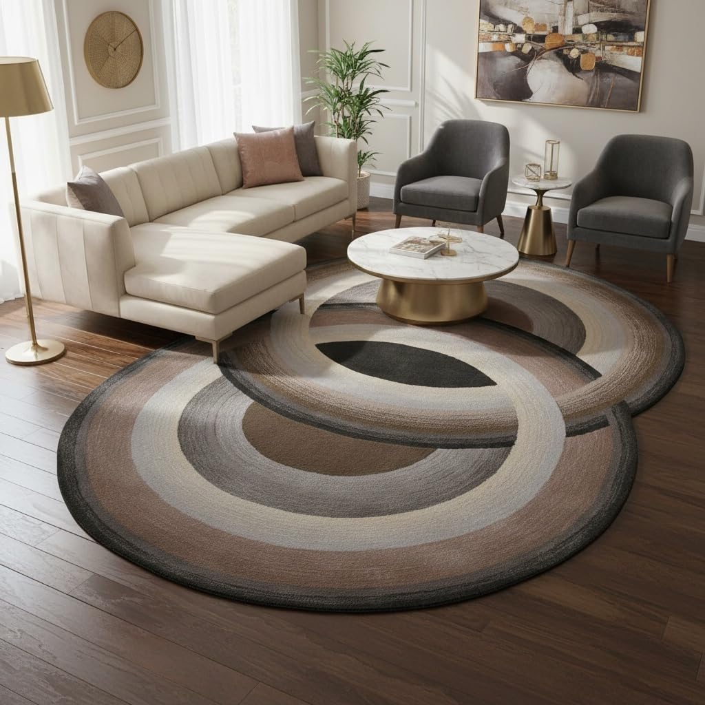 Gray Brown Concentric Circle Abstract Shape Irregular Rug for Living Room Bedroom Guestroom Washable Low Pile Shag Carpet Unique Designer Home Office Dorm Kitchen Hallway Anti Slip Runner Mat 2x3