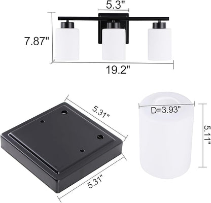 3 Light Bathroom Light Fixtures, 19.2 Inches Vanity Lights for Mirror, Black Vanity Lighting Fixtures with Milky White Glass Shades