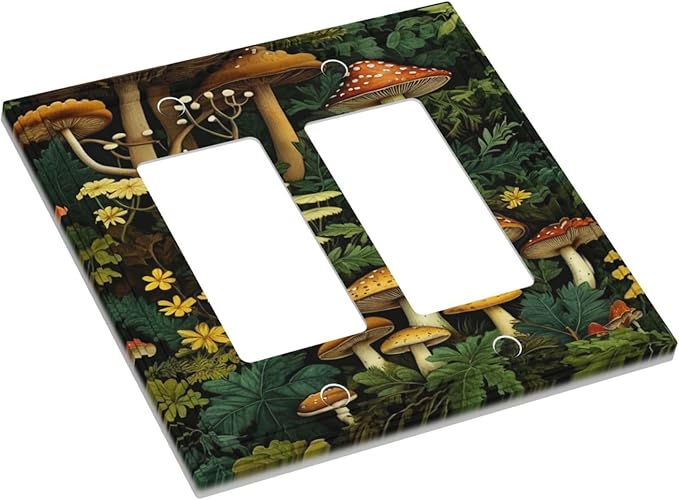 Mushrooms Forest Nature Botanical Art Dual Outlet Covers Wall Plate 2 Gang Rocker Decora Decorative Switchplate Electrical Faceplate GFCI Light Switch Covers for Farmhouse Living Decor