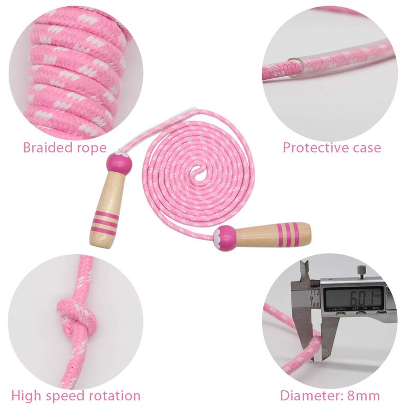 Jump Rope Kids, 7ft Adjustable Cotton Skipping Rope with Wooden Handle for Boys and Girls Fitness Outdoor Exercise(Pink)