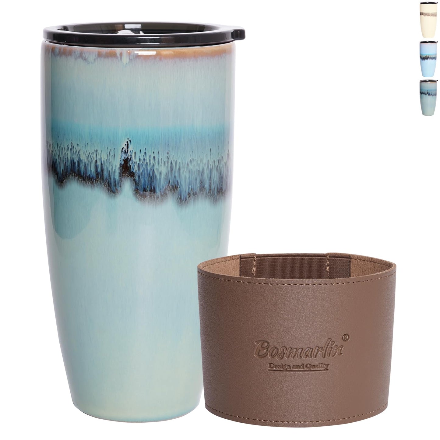 Bosmarlin Ceramic Trave Coffeel Mug with Lid, 21 oz, Portable Coffee Cup for Car Cup Holder, Microwave and Dishwasher Safe, Reactive Glaze