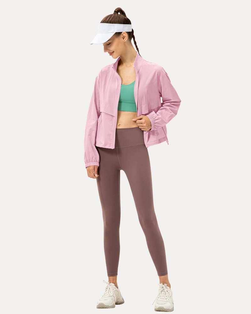 Locachy Women's Lightweight Zip Up Athletic Jacket Stand Collar Windproof Sun Protection Workout Outdoor Jacket Pink M