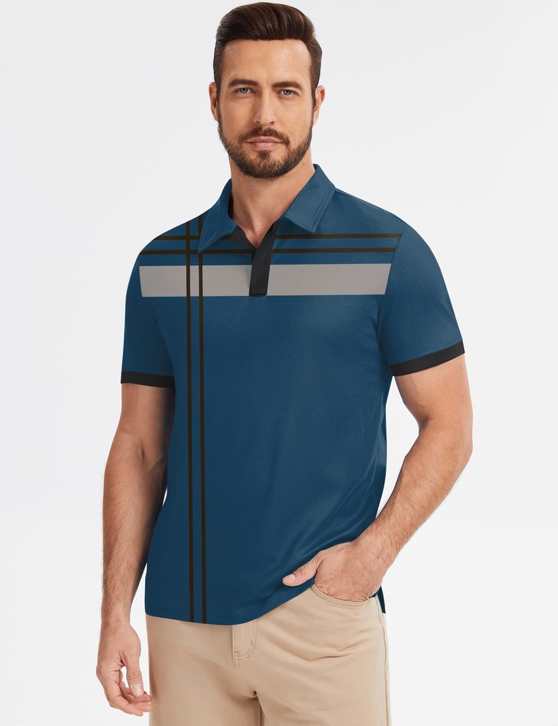 Poriff Mens Golf Shirts Short Sleeve Moisture Wicking Performance Quick Fit Casual Collared Golf Polo Shirt for Men Blue Print XL