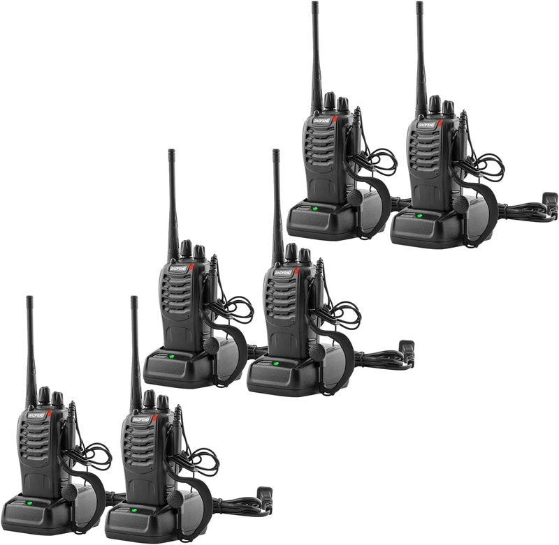 BAOFENG Walkie Talkies - Long Range 16 Channel Two Way Radios with Earpieces | Rechargeable Handheld 6 Pack