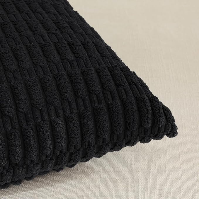 Fancy Homi Black Decorative Throw Pillow Covers 18x18 Inch for Living Room Couch Bed Sofa, Rustic Farmhouse Boho Home Decor, Soft Striped Corduroy Square Cushion Case 45x45 cm
