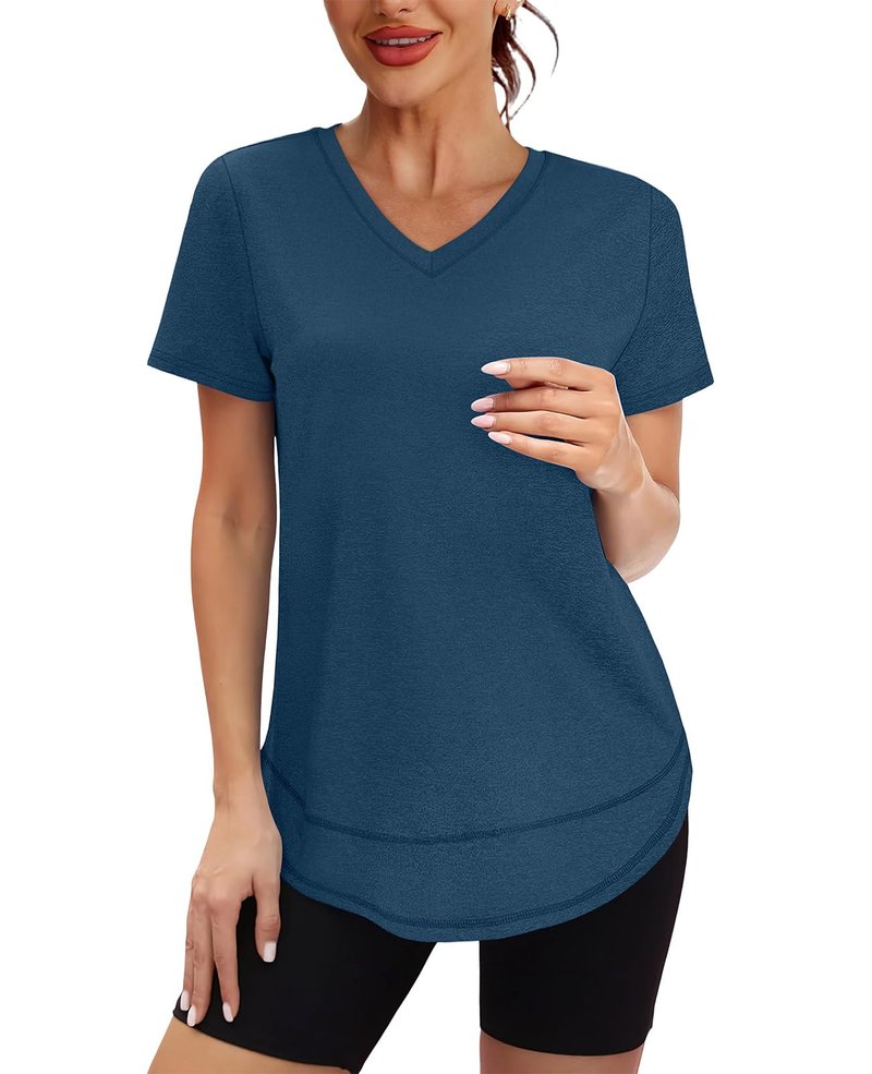 Short Sleeve Shirts for Women Workout Yoga Tops Sun Protection Clothing Summer Outfits Rash Guard Side Slit V Neck Navy Blue XL