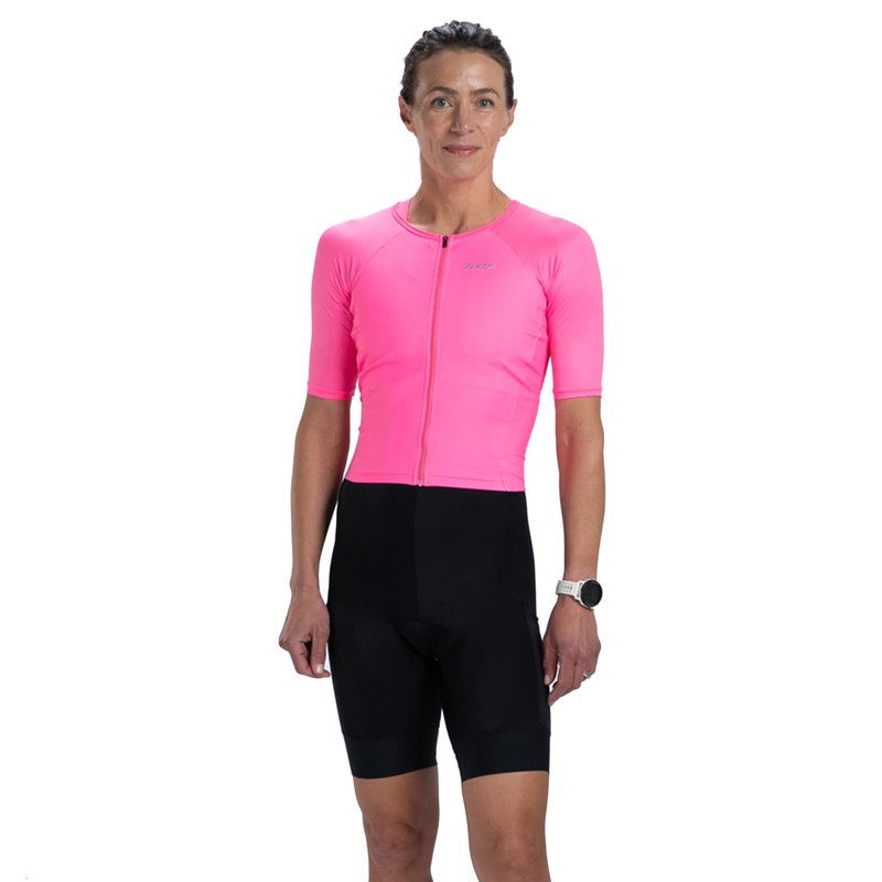 Zoot Women’s Core Tri Aero FZ Racesuit, Short Sleeve Moisture-Wicking Triathlon Suit, Plush Chamois & Race Day Storage - Bright Pink - Large