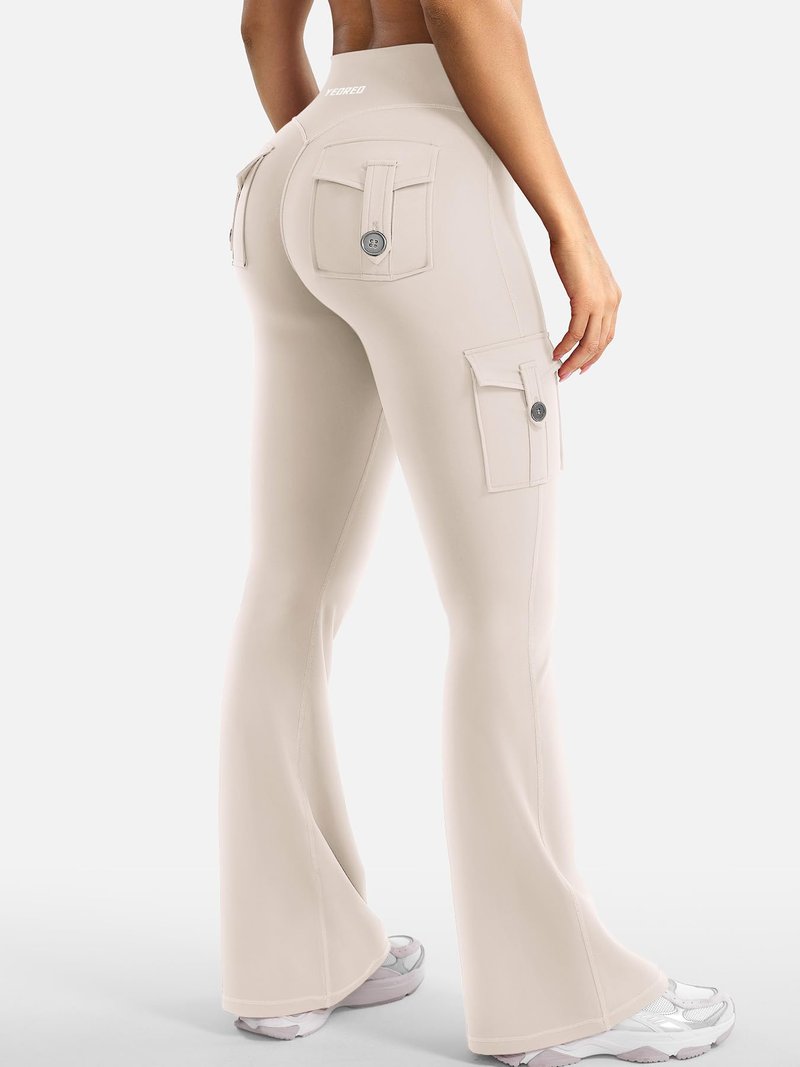 YEOREO CoreFlex Women Workout Flare Leggings with Pockets Hidden Scrunch High Waisted Cargo Gym Yoga Leggings Light Khaki XXL