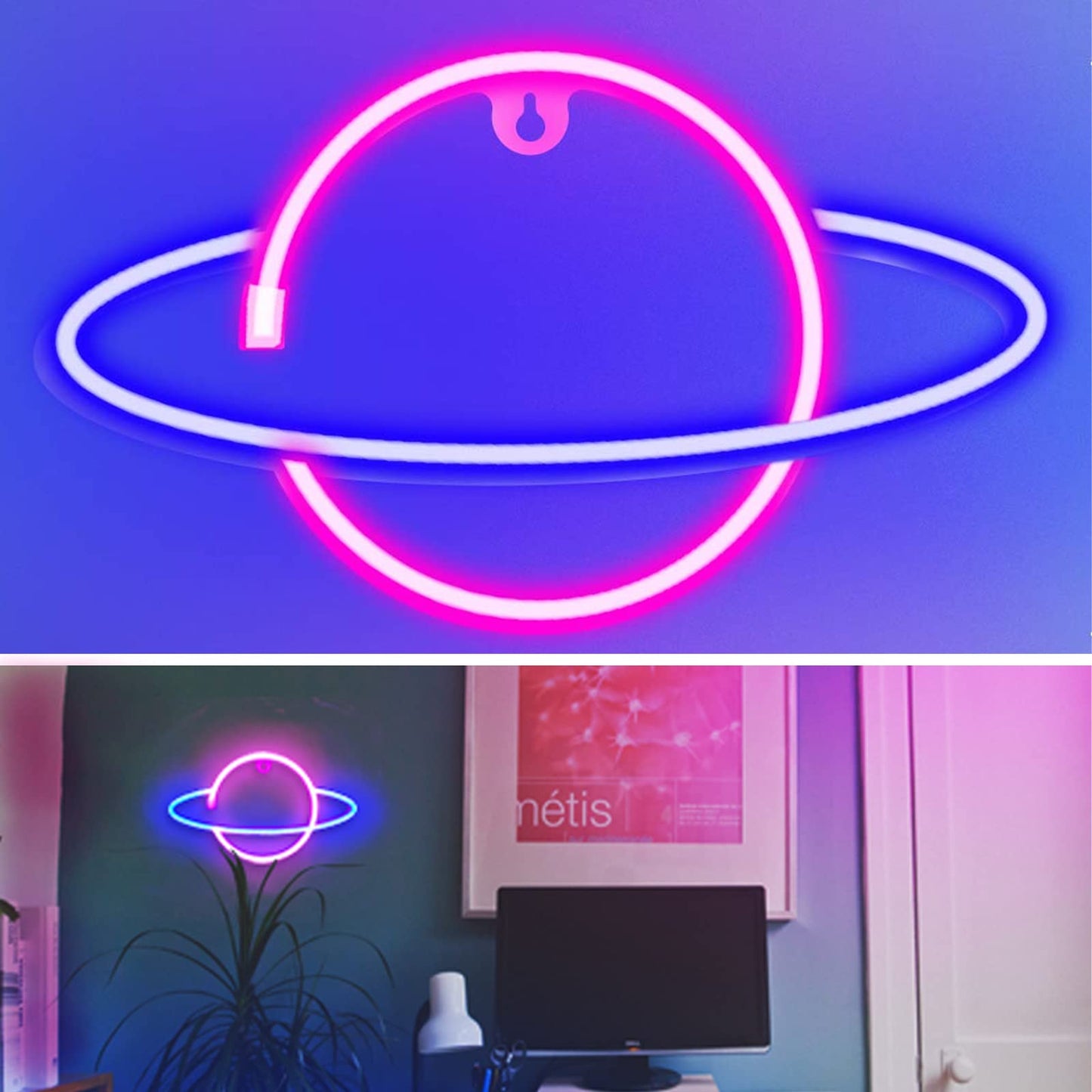 YouokLight planet neon signs for wall decor, LED neon light wall mount USB or battery powered planet light, aesthetic hanging Saturn, planet neon lights for bedroom, game room, pink and blue