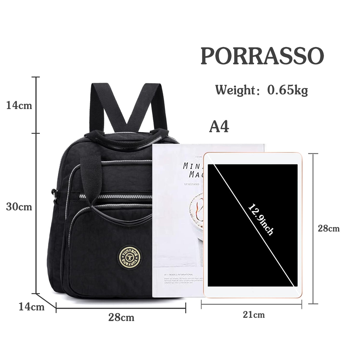 PORRASSO Casual Backpack Women Shoulder Bag Ladies Crossbody Bag Nylon Handbag Girl Daypack for Work Travel Daily Use, Black, L, Daypack Backpacks