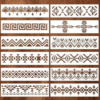 12 Pcs Boho Borders Pattern Stencil, Reusable Aztec Stencils for Painting on Wood, Wall Stencils for Painting Large Pattern, Geometric Templates for Canvas, Furniture, Crafts, Home Decor