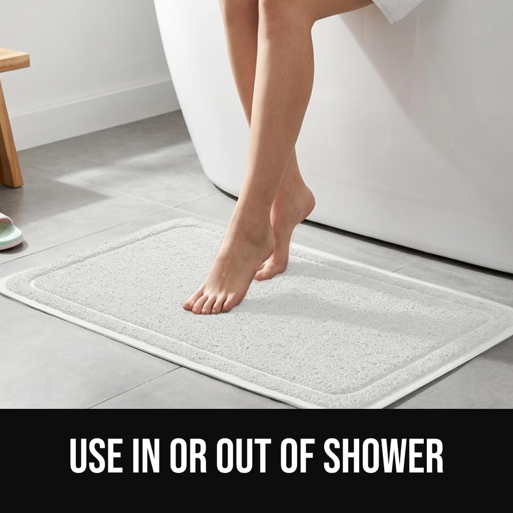GORILLA GRIP Exfoliating Bath and Shower Mat, Textured Backing, 35x16 Soft Loofah-Style Foot Scrubber for Outside or Inside Bathtub, Quick Dry Easy Drainage Tub Floor Mats, Bathroom Essentials, White