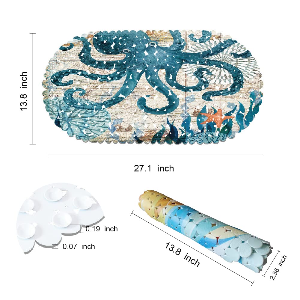MOLFUJ Non Slip Octopus Bathtub Mat with Suction Cups, Oval Pebble Shower Mat for Baby Tub,Safety Vinyl Anti-Skid Decoration Bath Mat, Coastal Ocean Beach Nautical Themed Decor Bathroom Accessories