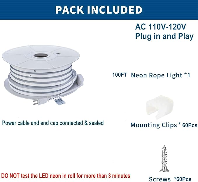 FORT LED Neon Rope Lights White 100FT 30M Flexible AC 110V 120V LED Strip Lights Outdoor Waterproof Plug-Play Neon Strip Lighting Dot Free Connectable Home Commercial Decor Neon Sign ETL FCC