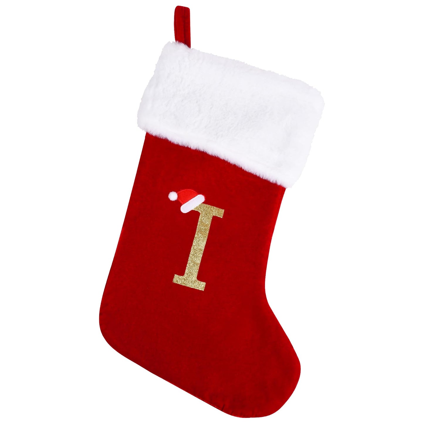 Sailup 20 Inches Monogram Christmas Stockings with Letters, Large Super Soft Christmas Stockings Red Velvet with White Super Soft Plush Cuff for Christmas Xmas Tree Holiday Fireplace (I)