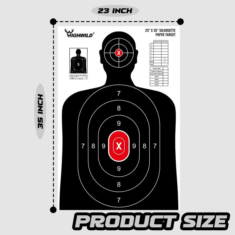 Highwild Shooting Range Silhouette Paper Target - 23X35 Inches - Suitable for Handguns, Rifles, Airguns, BB Guns (20 Pack, White & Black)