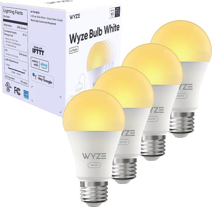 Wyze Lifestyle Bulb White, 800LM A19 Tunable-White Wi-Fi Smart Light Bulb, Compatible with Alexa and Google Assistant, 2.4GHz, No Hub Required, 2700K - 6500K, Dimmable, 90+CRI, Timer & Group, 4-Pack