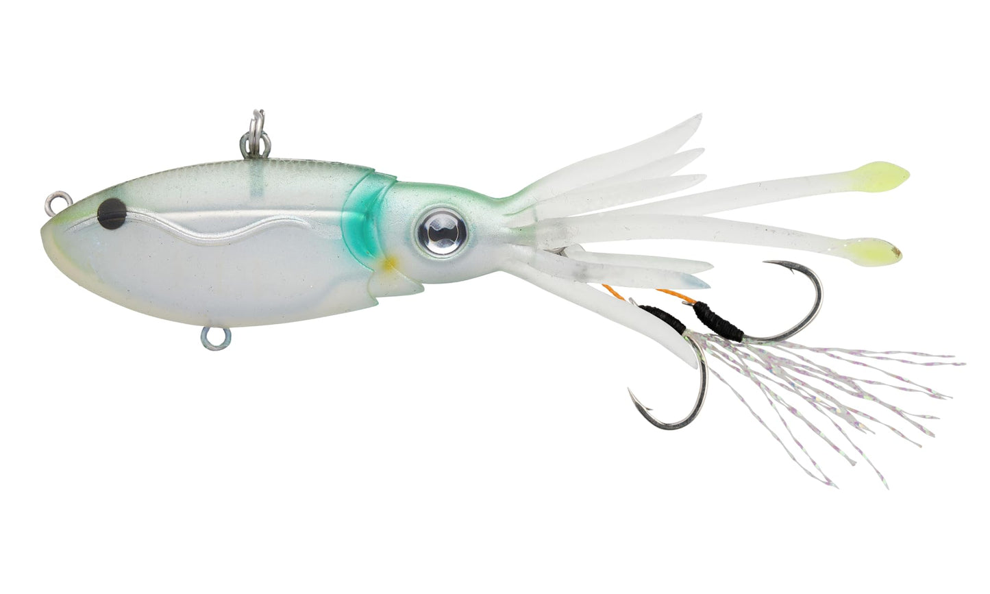 Nomad Design Squidtrex Patented Vibrating Fishing Lure- Scent Added TPE Soft Plastic Lure for Saltwater w/Strong BKK Assist Hooks, Fishing Bait that Catches Many Species, 75mm 1/2oz- Holo Ghost Shad