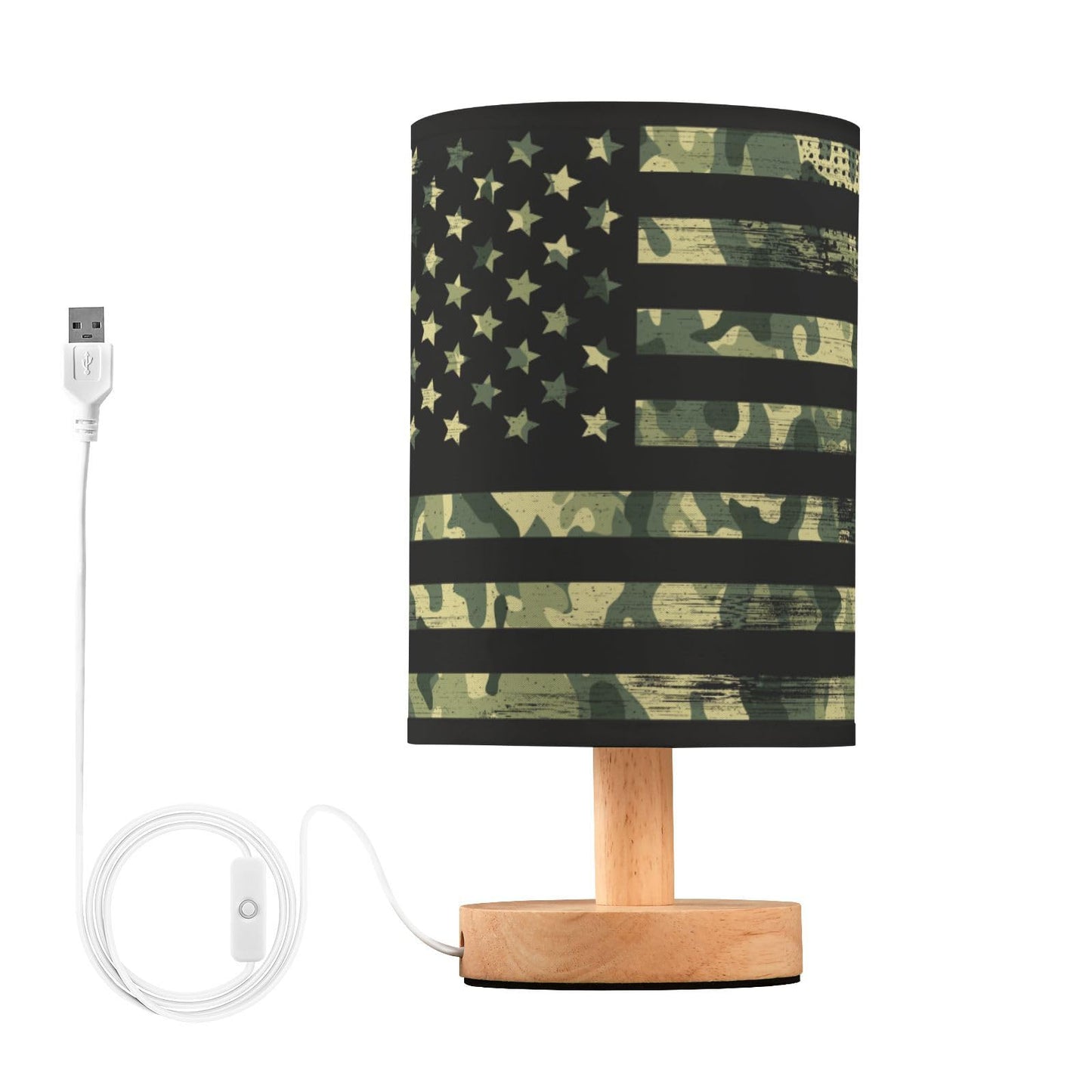 YETTASBIN Camo American Flag Bedside Table Lamp, Small LED Desk Light USB Nightstand Lamp with Non Slip Wood Base & Eye-Friendily Lampshade for Living Room Bedroom Dorm Home Office Desk Decor