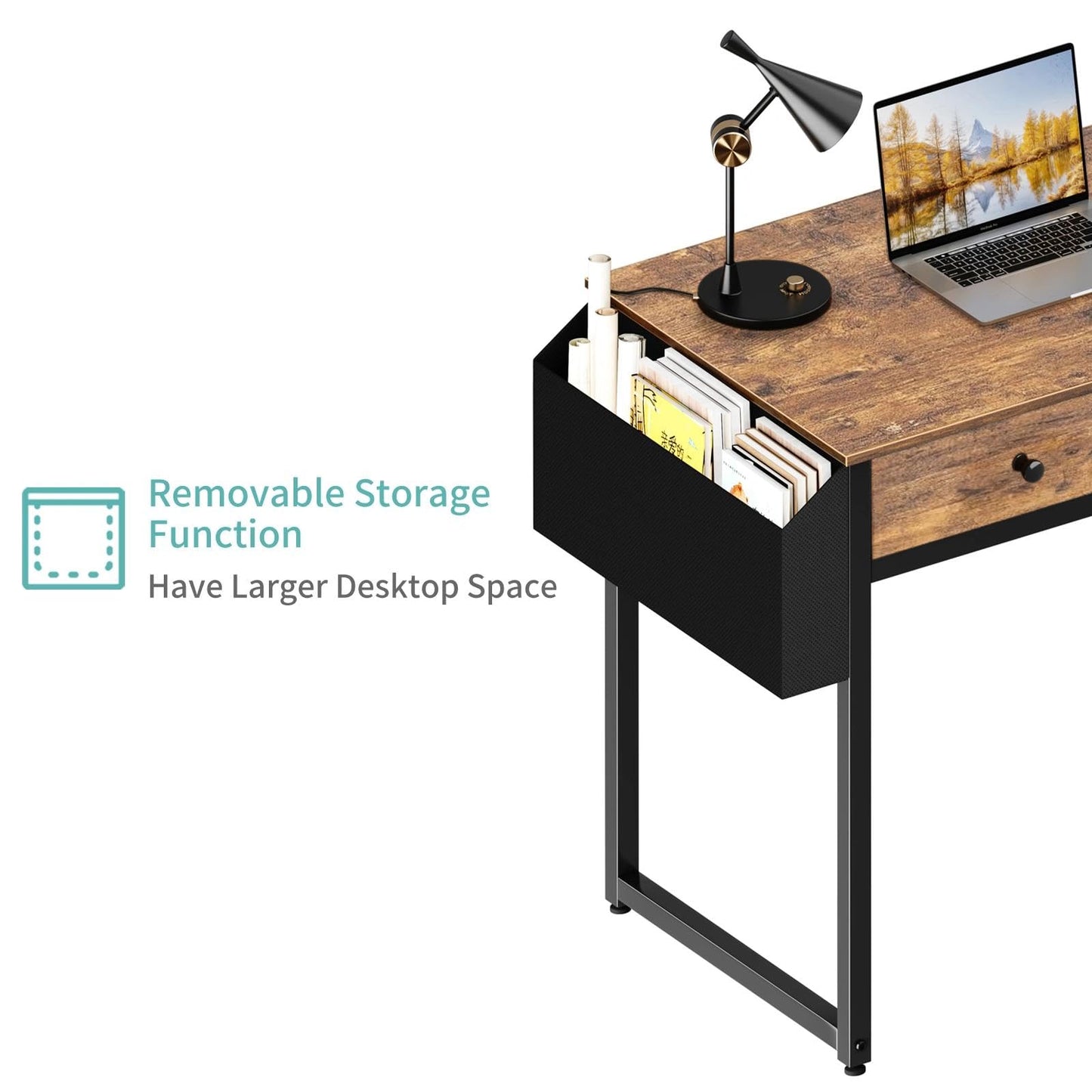 Lufeiya Small Computer Desk with 2 Drawers for Bedroom, 31 Inch Home Office Desk with Storage Fabric Drawer and Bag, Study Writing Table for Small Spaces, Rustic Brown