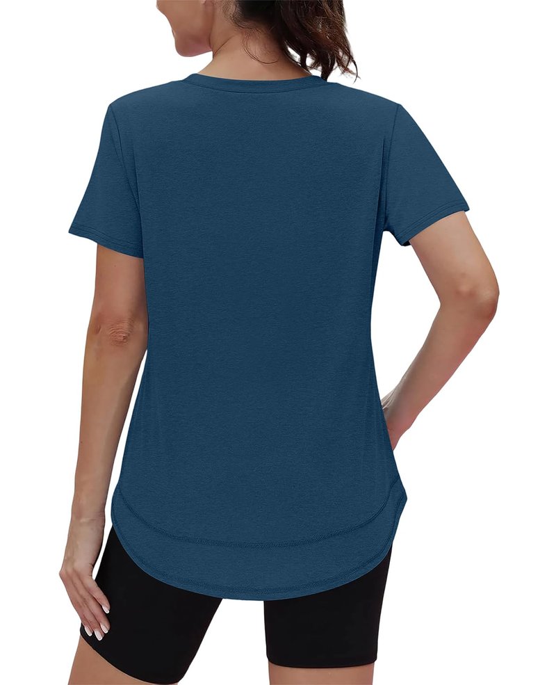 Short Sleeve Shirts for Women Workout Yoga Tops Sun Protection Clothing Summer Outfits Rash Guard Side Slit V Neck Navy Blue XL