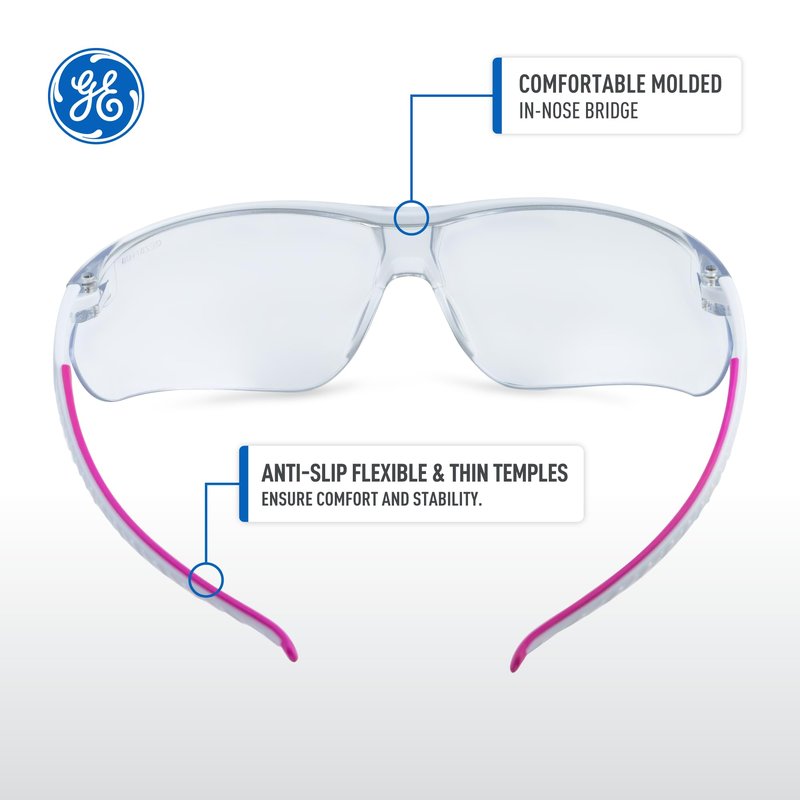 GE Safety Glasses - Scratch-Resistant Durability, Clear Protective Lenses, UV Shielding, Eye Protection, Outdoor, Indoor, Labs & Construction Safety Work Glasses for Men and Women - White/Pink
