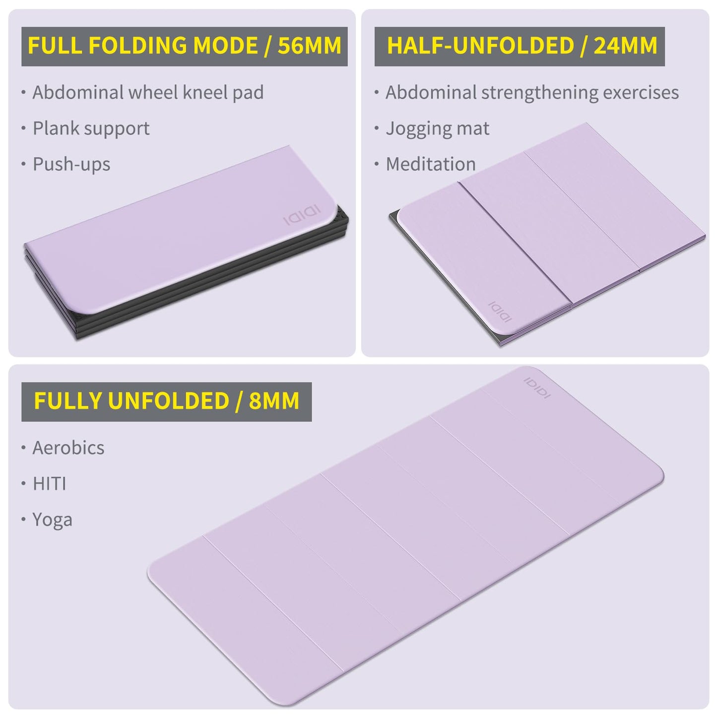 Foldable Extra Large Yoga Mat 74"×31.5", 8mm Double-Sided Non Slip Lightweight Fitness Mat for Adults & Kids, Portable for Home Studio & Travel