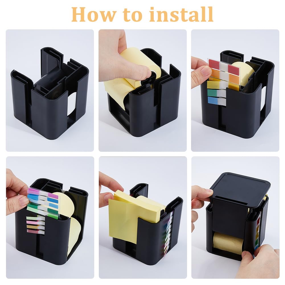 DICOSMETIC 5-in-1 Note Dispenser Sticky Note Holder Paper Clips Holders Index Flag Dispenser Memo Holders Desk Organizer Creative Office Supplies for Office Home, Black