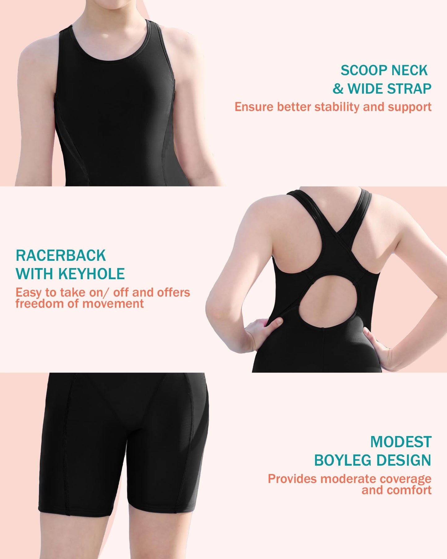 beautyin Swim Team Swimsuits Girls Boyleg Racerback One Piece Bathing Suit Sporty Swimwear Black