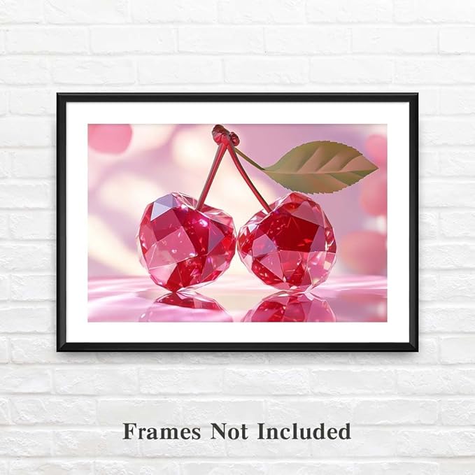 Yesad Cherries Art Print, Kitchen Wall Art Pictures Poster Pink Wall Décor for Dorm Living Room Bedroom Cabin Kitchen Wall Décor Fruits Wall Art (Unframed,36”x24”, Cherry)