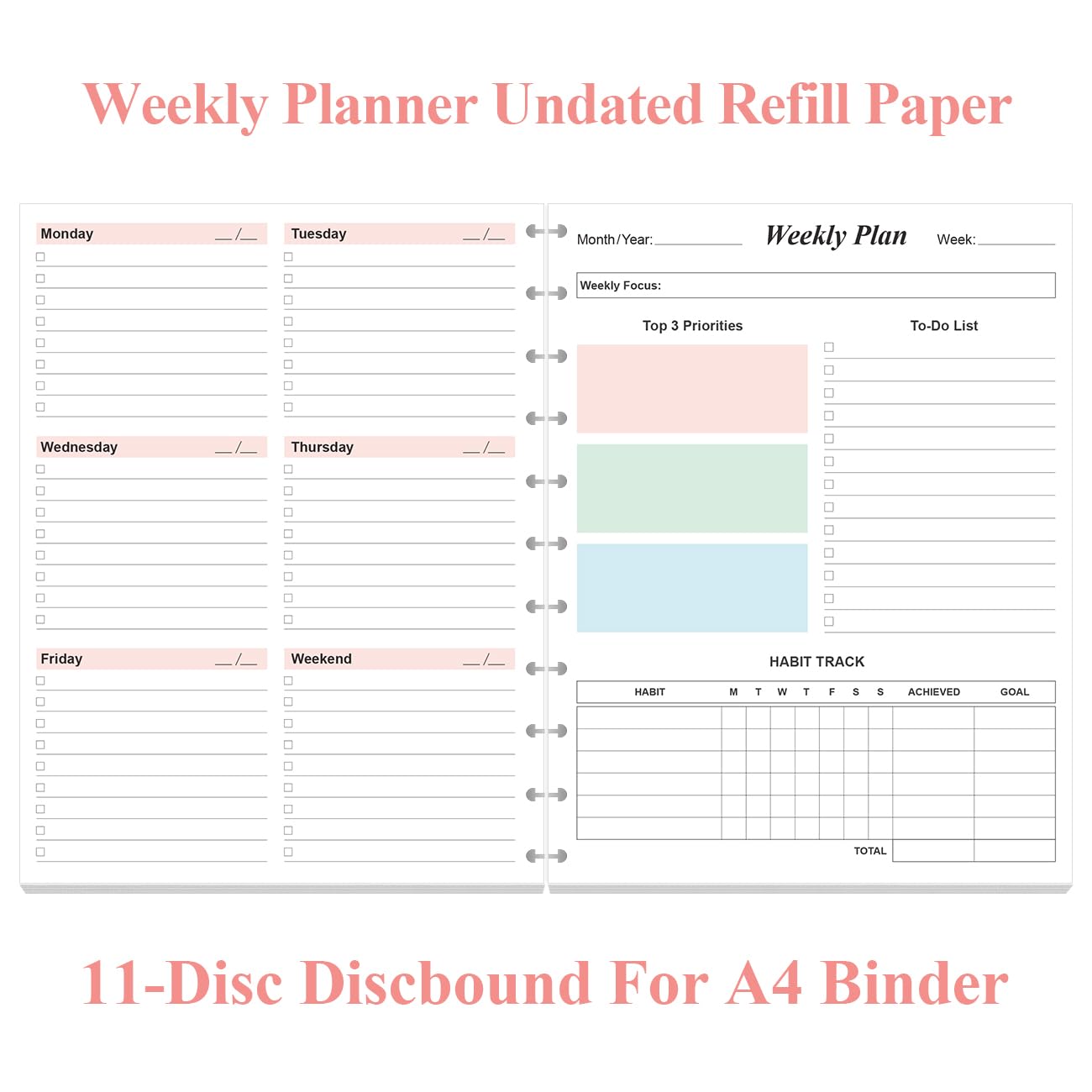 Weekly Planner Undated Refills - Letter Size 53 Sheets/106 Pages Colorful Weekly Planner for 11-Disc Discbound, TUL, 100 gsm White Paper, Lasts 1 Year, Undated, 8.5" x 11"