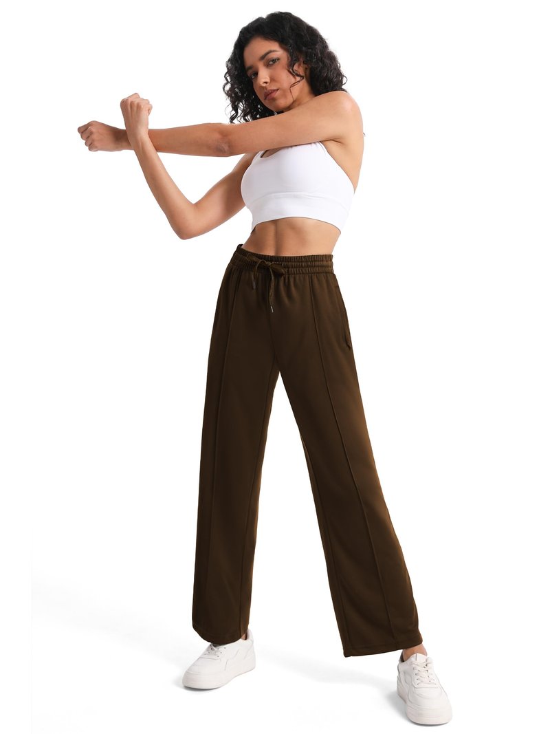 Tapata Tall Womens 34" Inseam Track Pants Relaxed Fit Striped Workout Sweatpants Baggy Trousers with Zipper Pockets, Brown, M