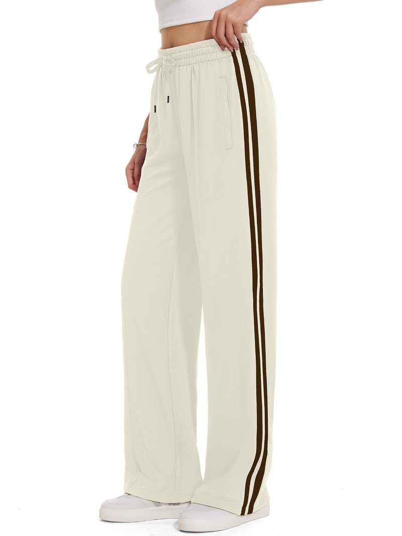 Tapata Petite Women's 28" Inseam Casual Pants Track Athletic Sweatpants Warm Up Loose Side Stripe Street Slacks, Beige, L