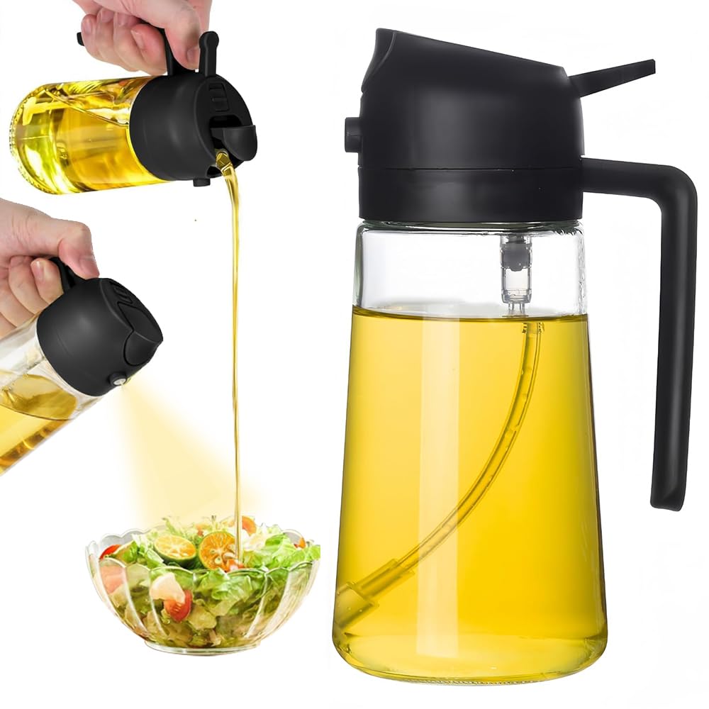 Oil Dispenser Bottle Glass Olive Oil Sprayer 2 Pcs: 2 in 1 Olive Oil Dispenser Bottle, Premium Oil Sprayer for Cooking, Glass Oil Spray Bottle for Air Fryer Salad BBQ Baking-470ml