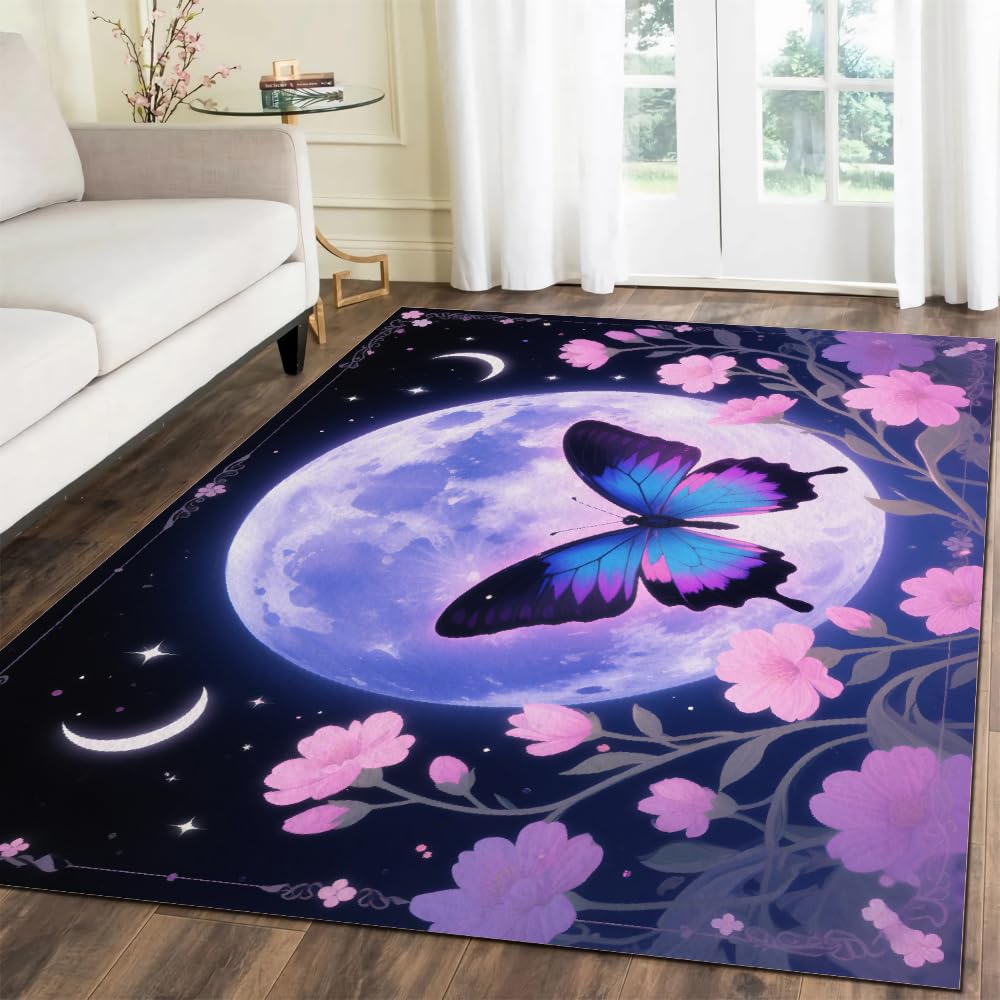 Pink Flower Plants Area Rugs, 3x4ft, Shining Planet Moon 3D Print Pattern Carpet, Washable Rugs Mat, with Nonslip Backing Thermal Carpet, for Indoor Bedroom Living Room Home Office