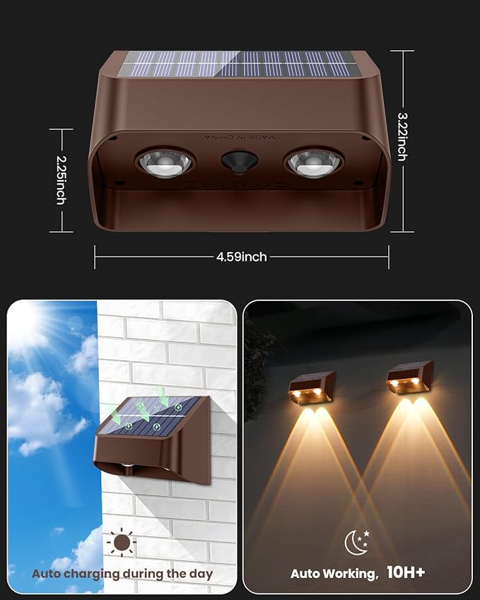 Brighter Solar Fence Lights-3000/4000/6000K 3 Mode,Solar Lights Outdoor Waterproof,Dusk to Dawn Deck Light, Outdoor Lighting for Backyard/Railing/Wall/Step/Patio(12 Pack,Brown)