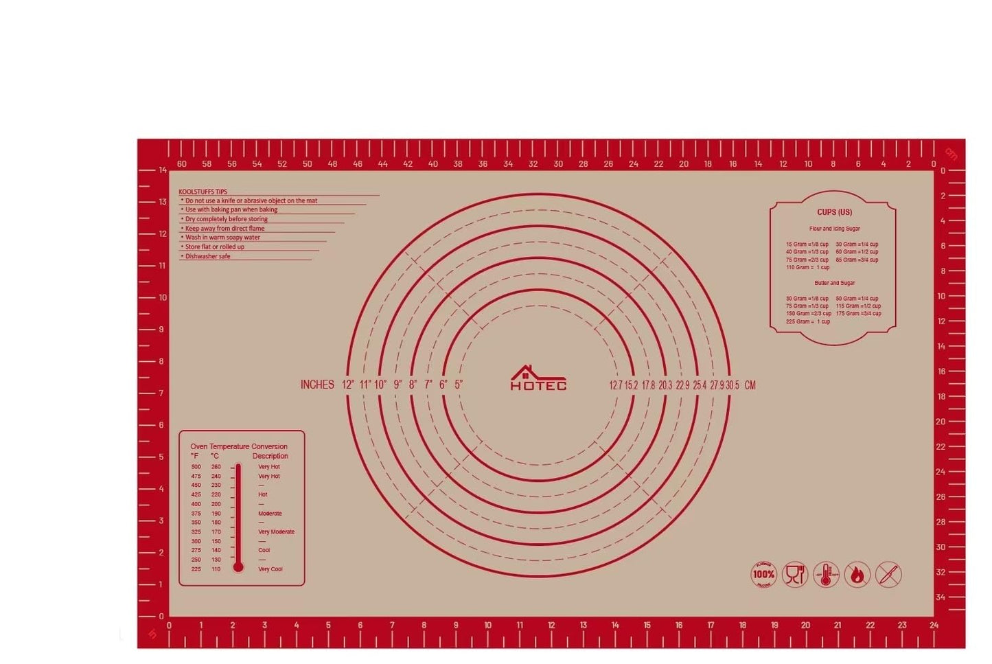 HOTEC Silicone Baking Mat - 26x16 Thickened Pastry Dough Mat with Measurement Non-Stick For Dough Rolling, Bread, Oven Liner, Kitchen Counter, Fondant/Pie Crust