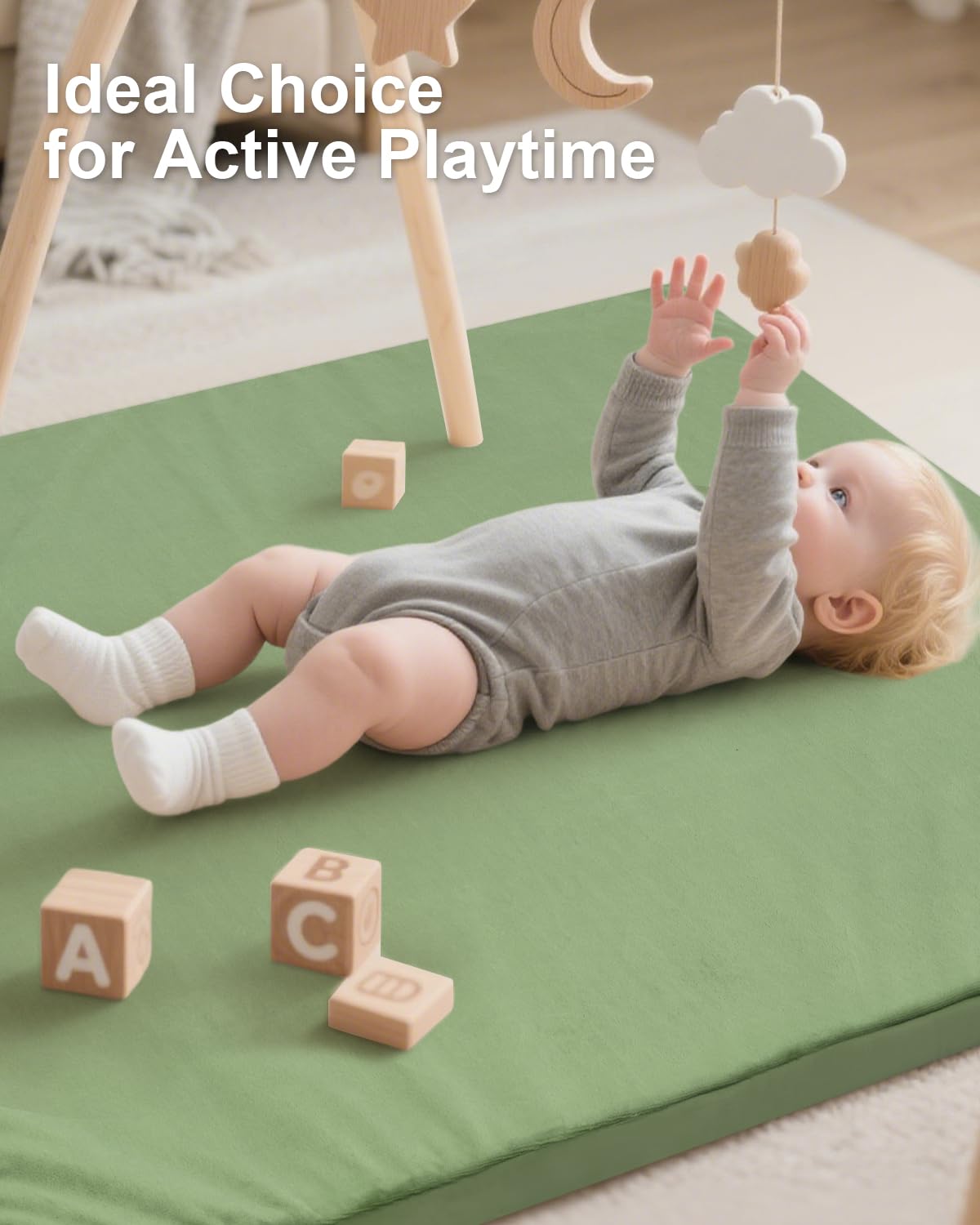 Baby Play Mat for Floor,1.2" Thick Padded Foam 50x50 playpen mat,Soft Velvet&Non-Slip Leather,Removable Cover,Washable,Nursery Rug for Baby Crawling,Toddlers,Infants,Kids,Yoga,Tatami,Sage Green