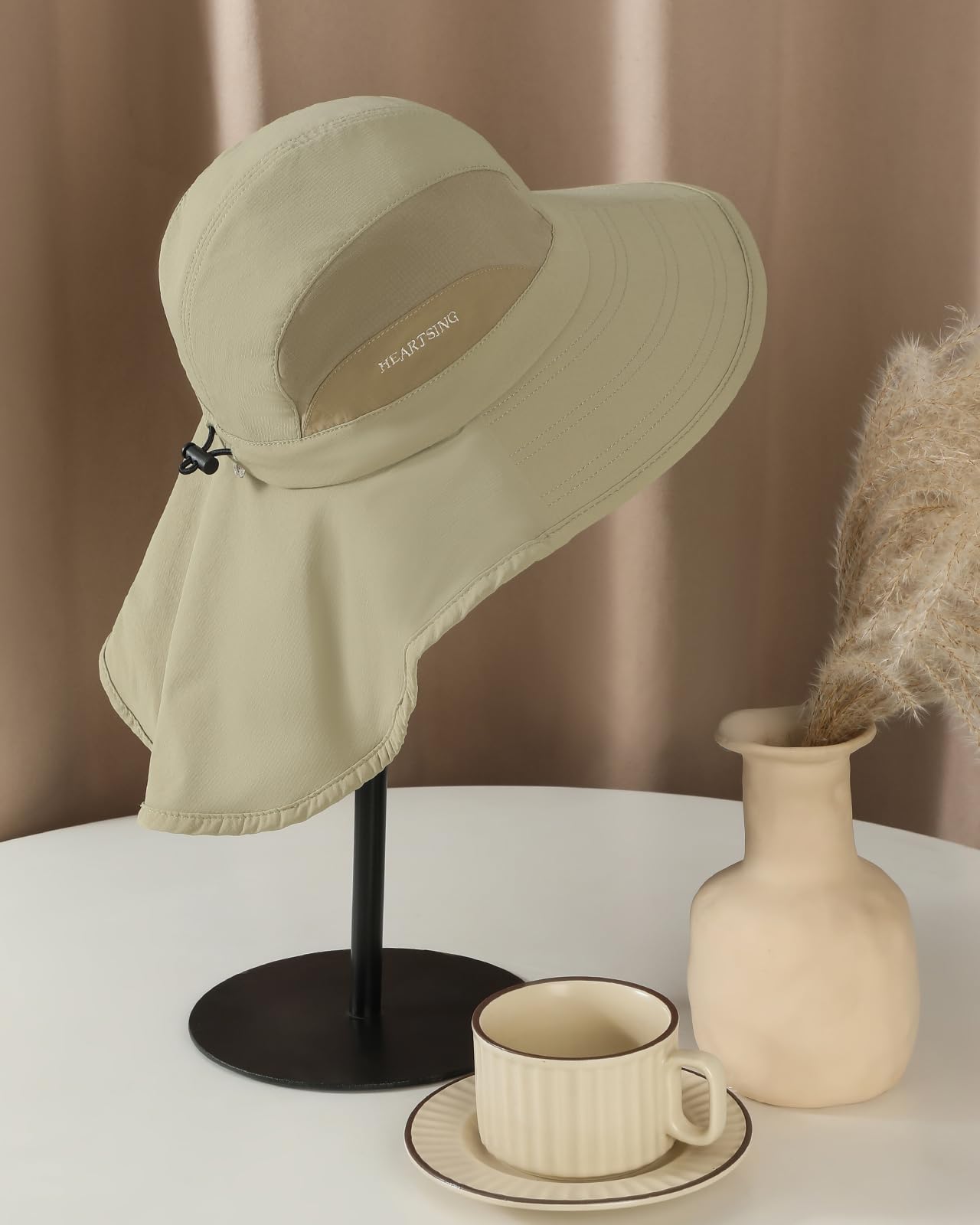 HEARTSING Sun Hat Outdoor with Large-Area Neck Flap, UV Protection Quick-Dry Breathable Fishing Hat for Hiking Garden Khaki