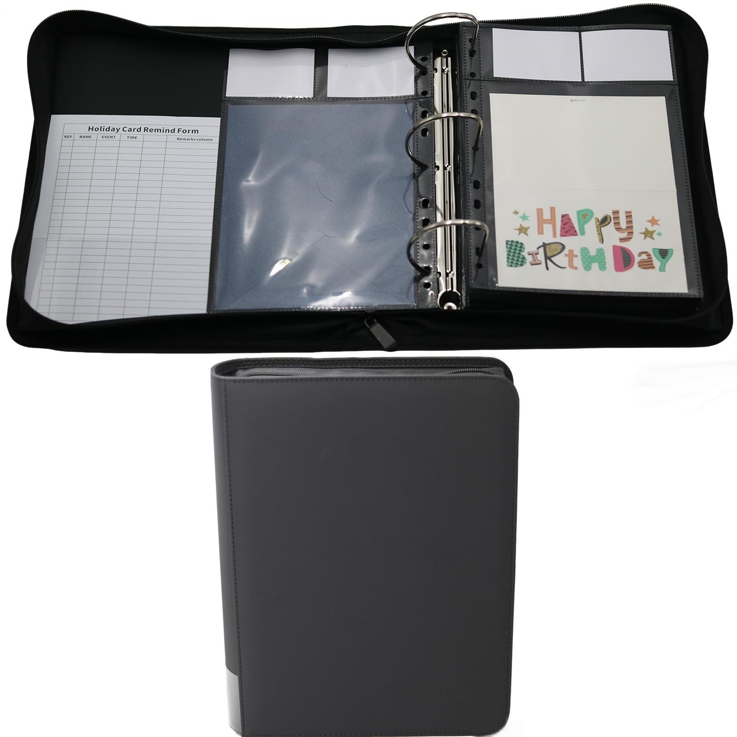 Magiarcana greeting card calendar book,by month set trace holiday monthly birthday 100pcs note organizer,50 double-sided pocket sleeves suitable for 6.5x8.5 inch cards saver binder (black)